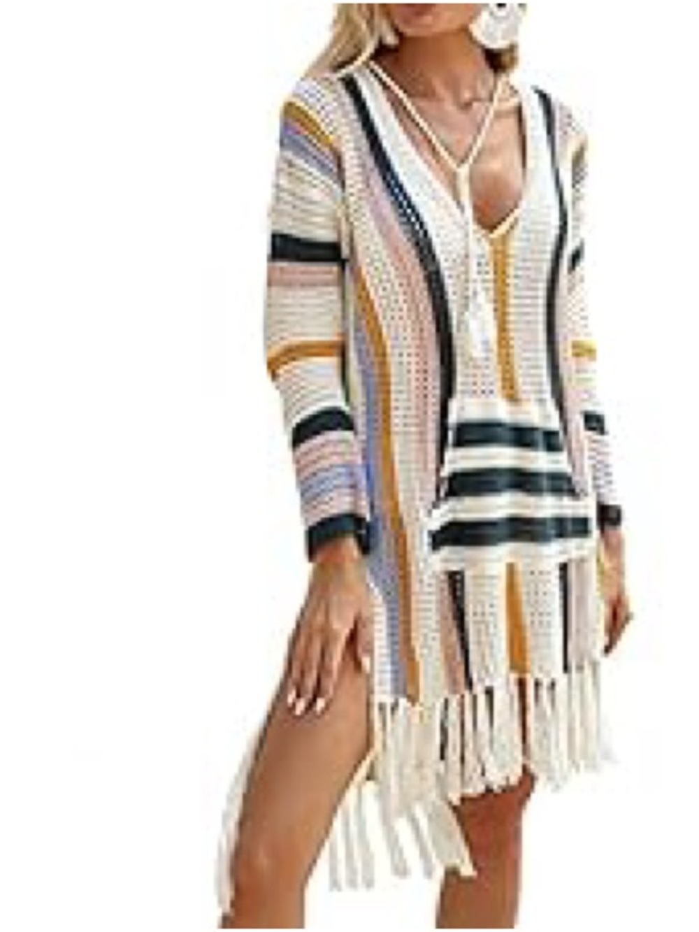 Striped Crochet Fringe Swim Cover-Up Dress - Cream & Multicolor